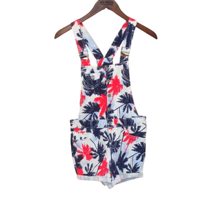 LEI Floral Print Denim Shorts Overalls Tropical Beach Red White Blue